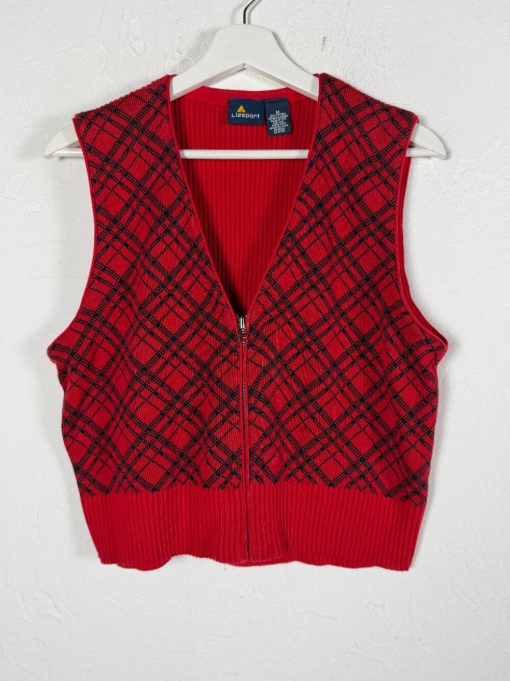 Vintage Liz Sport Womens Red Plaid Knit Zip Front Sweater Vest Medium Cotton USA